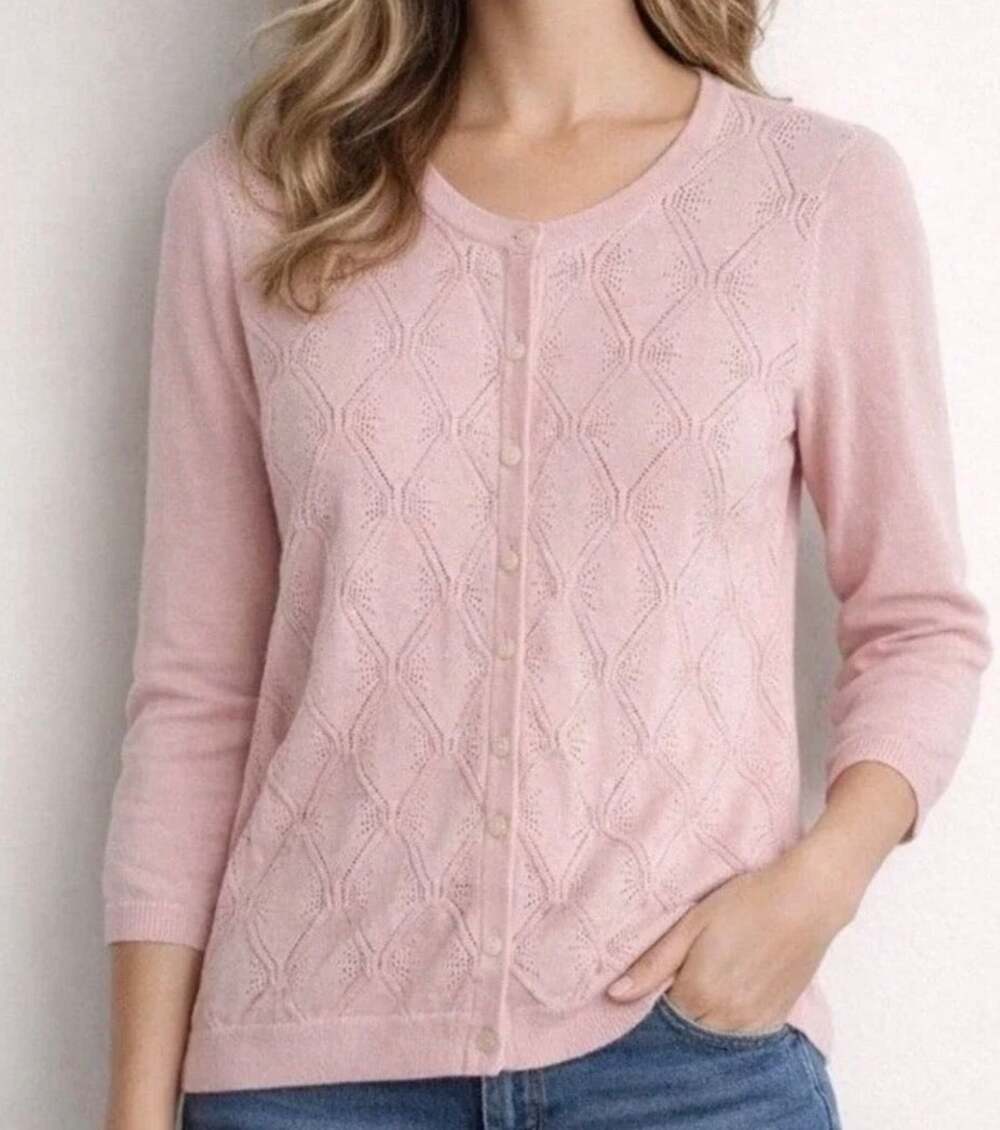 Talbots L Ballet Pink Pima Cotton Pointelle Knit Bow Cardigan Coquette Feminine